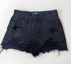 Hollister Womens Size 24 Black High Rise Mom Jean Shorts Distressed Button Fly